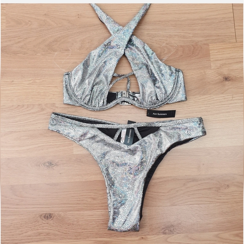 NWT Ann Summers Tropical Glitz Bikini Silver halter top & bottom - Picture 3 of 8